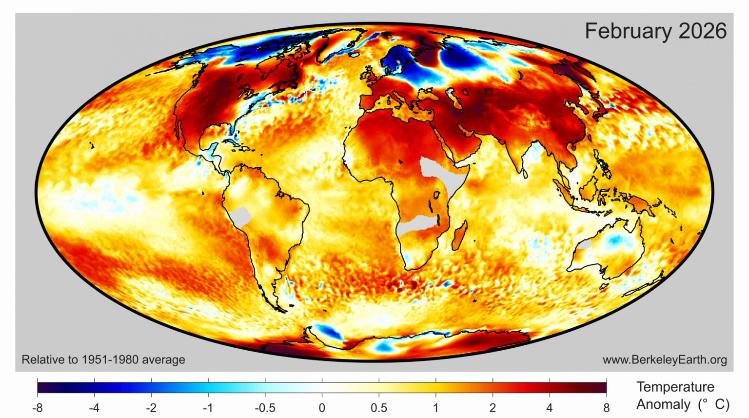 February 2026 Temperature Update Berkeley Earth Month Anomaly Map 1536x857 